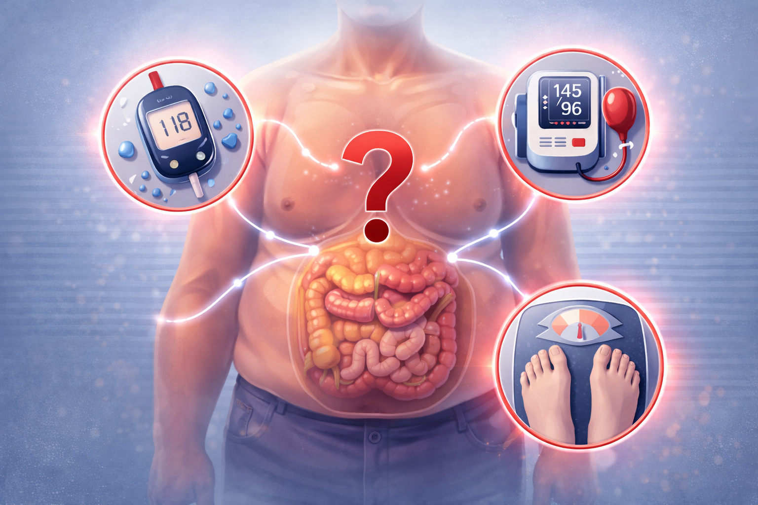 Illustration of a body with a glucose meter, blood pressure monitor and scale around a question mark over the abdomen