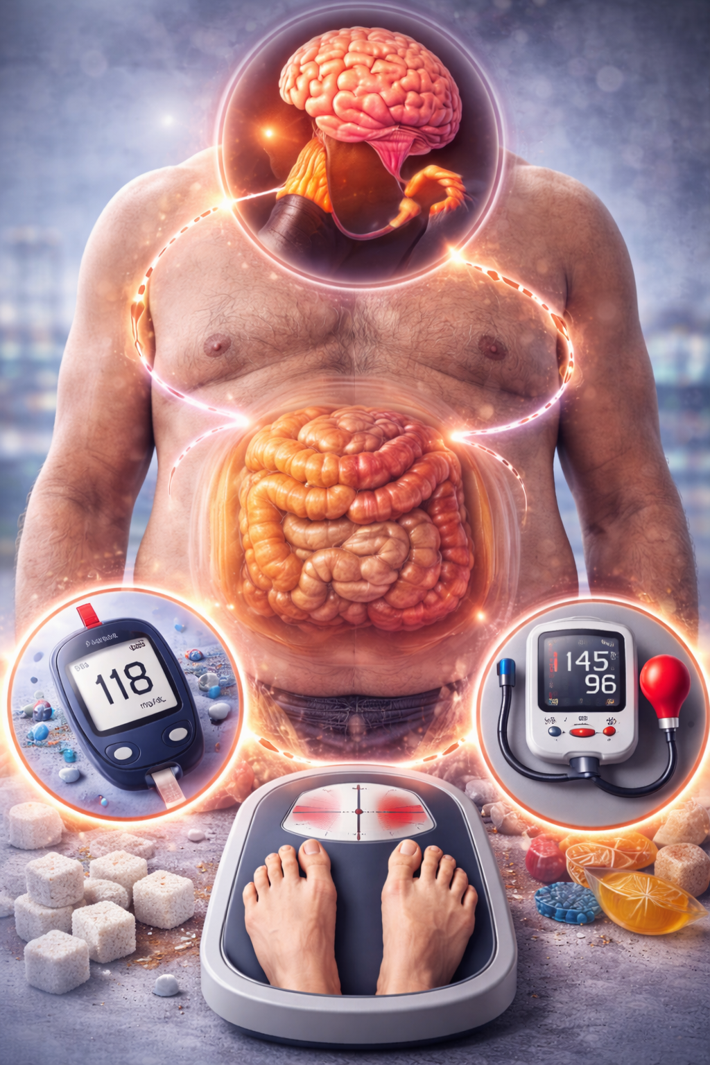 Illustration of a body with the gut highlighted, a glucose meter, a blood pressure monitor and a scale surrounded by sugar cubes