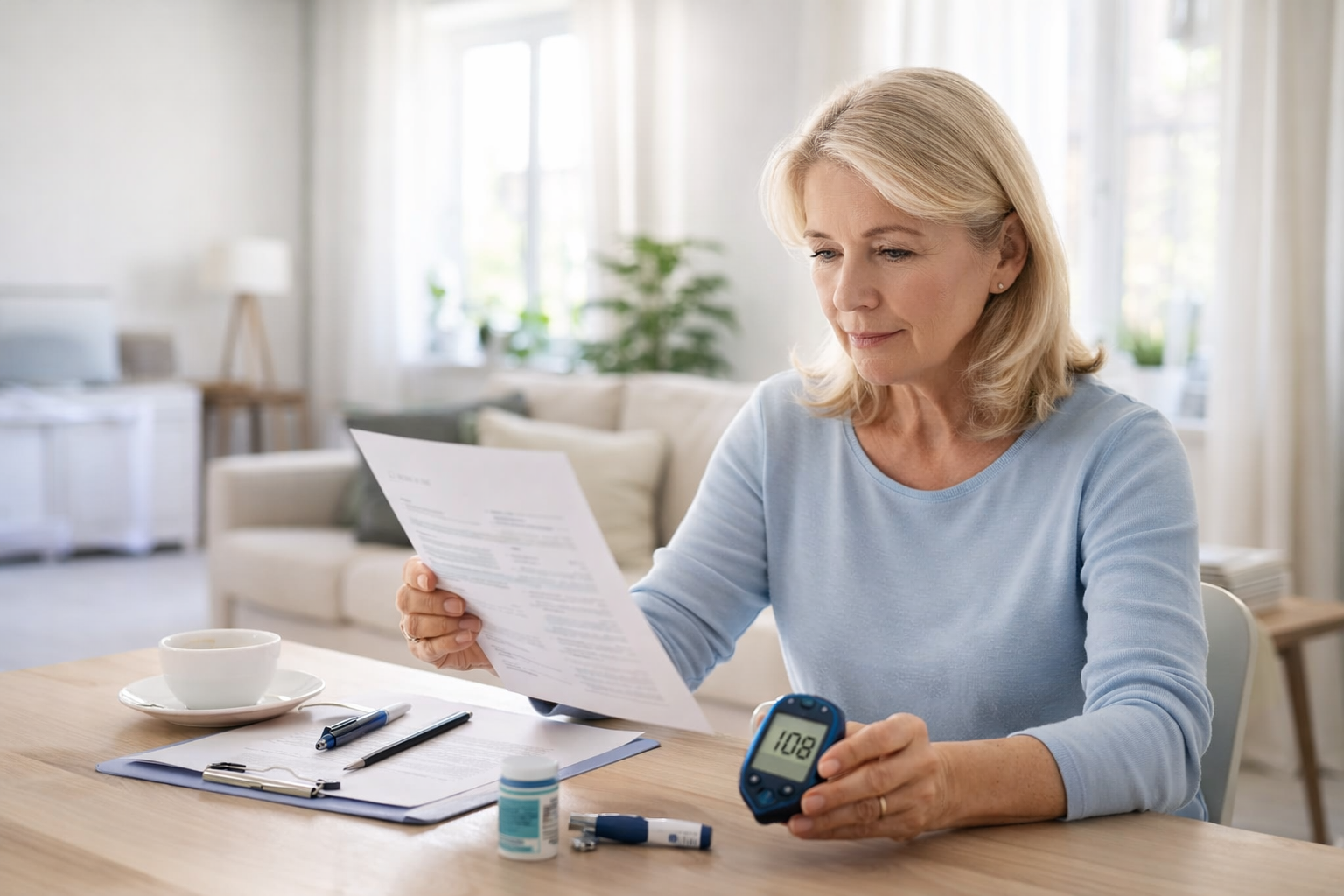 Middle-aged adult reviewing health information in a calm home setting