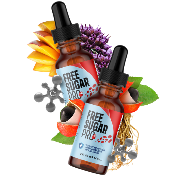 Two dropper bottles of Free Sugar Pro on a kitchen table