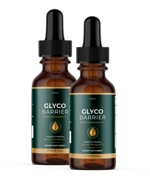 Two small amber dropper bottles of a blood sugar support supplement on Harold and Bev's kitchen counter, where the old cinnamon jar used to sit